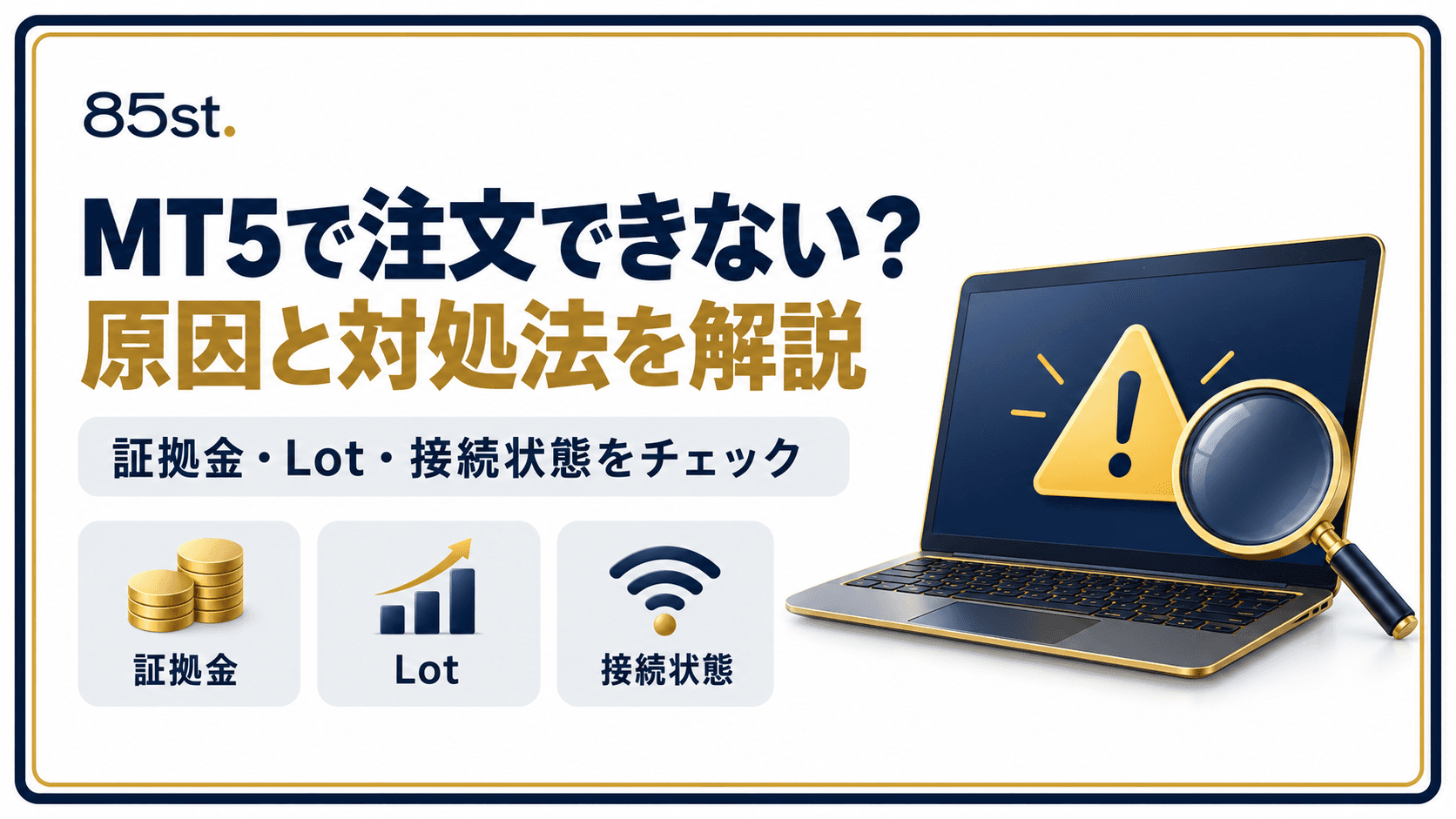 MT5で注文できない原因と対処法の見出し、証拠金・Lot・接続状態のアイコン、警告表示のあるノートパソコンを配置した画像