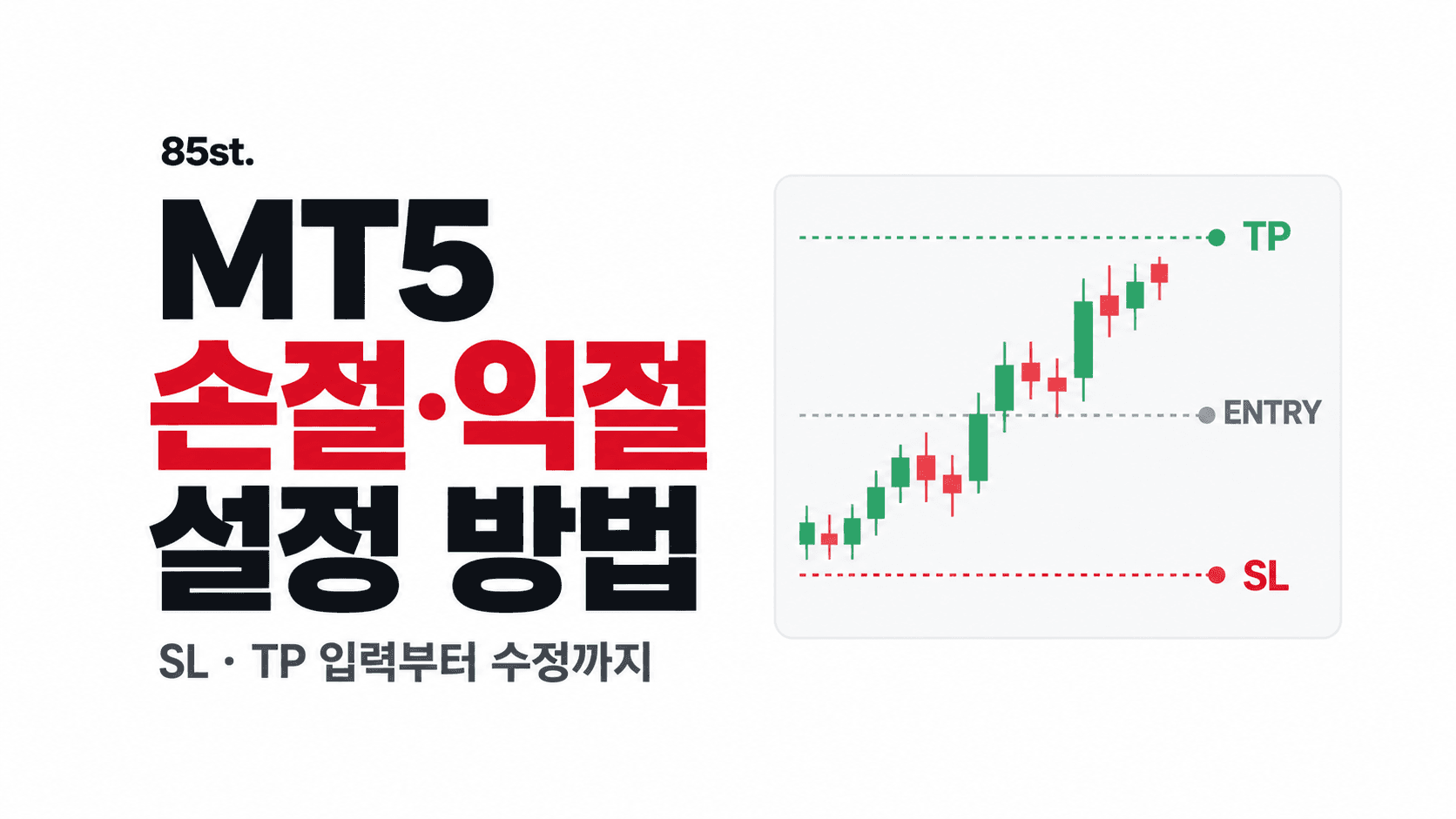 흰 배경에 MT5 손절·익절 설정 방법 문구와 진입가·익절(TP)·손절(SL) 수준을 표시한 캔들 차트 일러스트