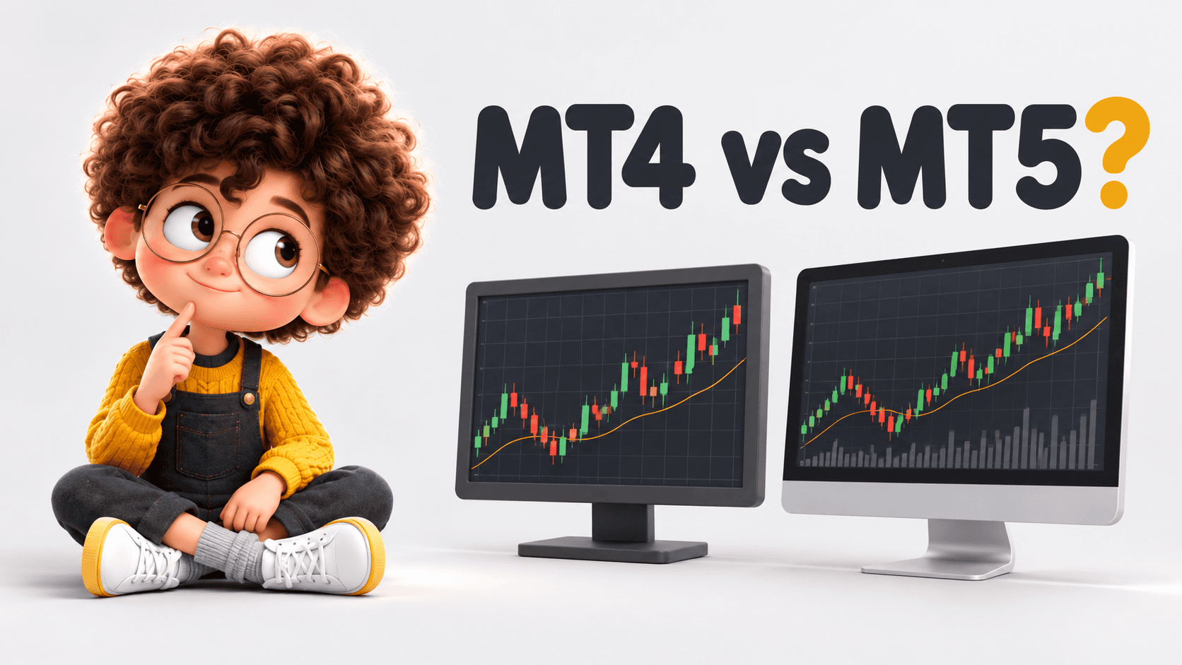 MT4 vs MT5? Curious student and financial education illustration