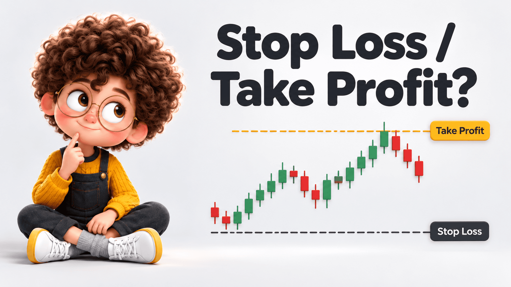 Stop Loss / Take Profit? Curious student and financial education illustration